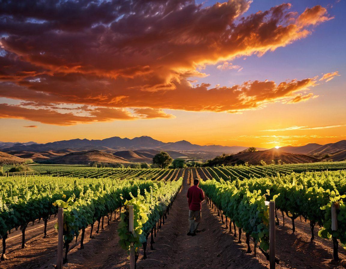 A picturesque Arizona vineyard at sunset, with lush grapevines stretching into the distance. In the foreground, a winemaker carefully inspects ripe grapes, with a backdrop of rolling hills and a glowing sky. In a glass, a rich red wine reflects the vibrant colors of the scene. Subtle scientific elements, like a beaker and vine anatomy illustrations, blend seamlessly into the landscape. super-realistic. vibrant colors. 3D.