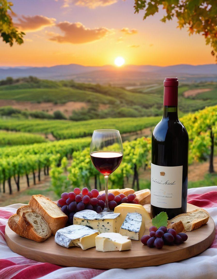 A beautiful vineyard set against a backdrop of rolling hills and a vibrant sunset, showcasing unique grape varietals thriving in the arid climate. Include artisan wine bottles artfully arranged with elegant glasses filled with rich, deep red wine, surrounded by lush green grapevines. Capture the essence of relaxation and indulgence, with an inviting picnic setup featuring artisan cheeses and rustic bread. Focus on warm earthy tones contrasted with the luscious reds of the wine. super-realistic. vibrant colors. sunset background.