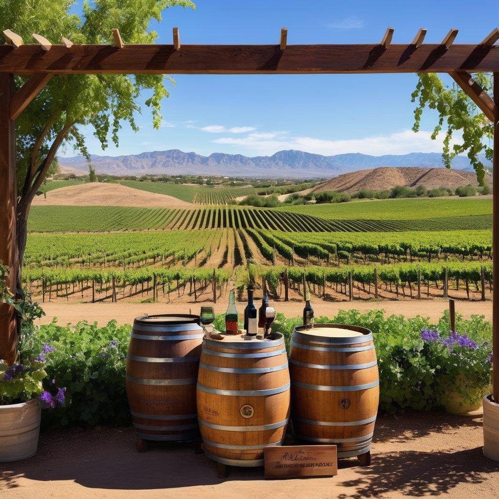 A picturesque sunny landscape of an Arizona vineyard, with rolling hills dotted with boutique wineries, showcasing elegant wine bottles and artisan wine barrels. Captivating purple and green grapevines twisting against a backdrop of a clear blue sky, while a rustic wooden sign reads 'Artisan Wines.' Add an inviting open-air tasting room filled with laughter and clinking glasses. vibrant colors. super-realistic.